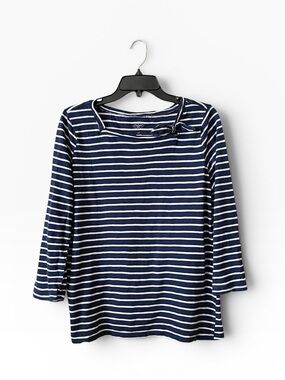 St Johns Bay Slub Tee Womens Size L Tall Navy Blue Striped Cotton Bow 3/4 Sleeve